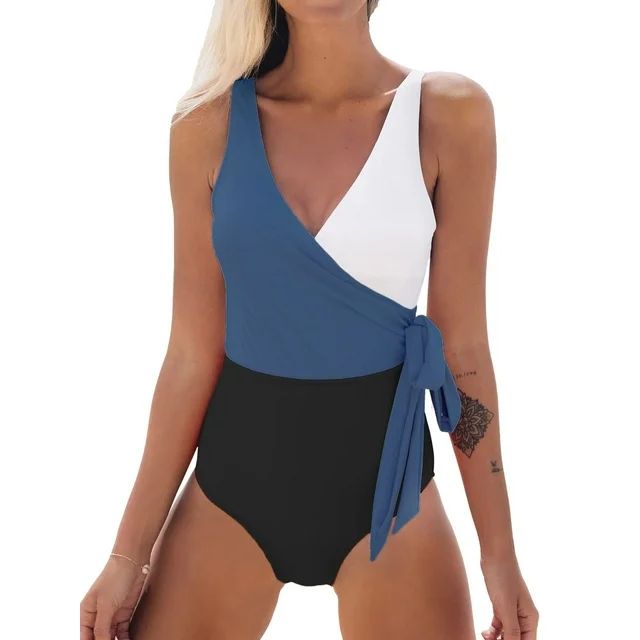 Cupshe Women's One Piece Swimsuit Wrap Color Block Tie Side Bathing Suit Dark Blue - Walmart.com | Walmart (US)