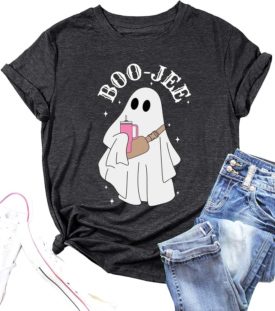 Boo JEE Ghost Tshirt Women Halloween Spooky Ghost Shirt Short Sleeve Funny Letter Print Tee Fall ... | Amazon (US)