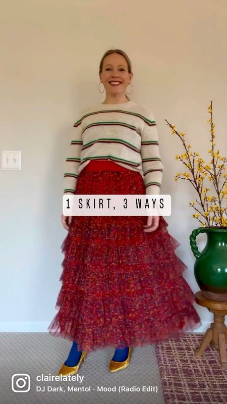 Repurposing my holiday skirt 3 ways to maximize my wardrobe in the new year. I love that the tulle layers of the skirt start a bit lower as to not add bulk at your waistline. Claire is wearing a size small. 

#LTKstyletip #LTKFind #LTKshoecrush