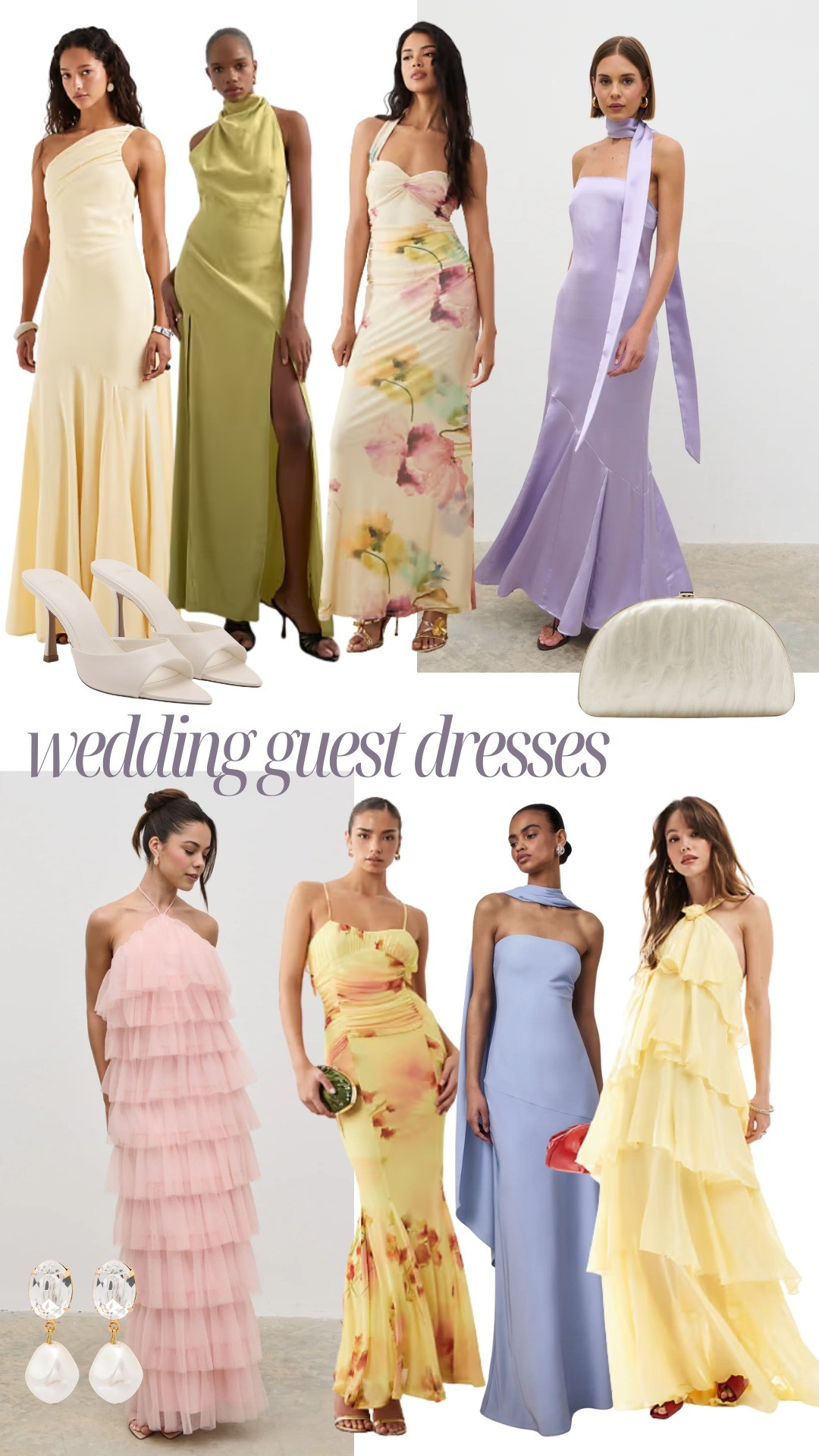 Wedding guest dresses inspo for spring and summer weddings. Pastels, baby pink, butter yellow, sage and olive green, lilac and baby blue maxi occasion dresses 

 #LTKsummer #LTKwedding #LTKdresses