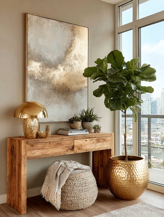 If you look at each of these pieces separately, the wooden console table, the modern gold table lamp, and the fiddle leaf tree in a gold planter, they all feel simple, elegant, but slightly incomplete on their own.

And that’s where most people stop.

But the real transformation happens when you bring them together.

There is something very intentional about pairing natural wood with warm gold tones, and then softening the entire look with greenery. The wood grounds the space, the gold adds that refined elegance, and the plant brings life into the room.

Now remove the plant for a moment. The space still looks beautiful, but something feels missing. That final layer of greenery is what completes the story. It’s what turns a styled surface into a living, breathing space.

This is the difference between decorating and designing with intention.

When these elements come together, they create a look that feels balanced, elevated, and thoughtfully curated, without feeling overdone.

We’ve curated wooden console tables, modern gold dome-style table lamps, gold planters, and fiddle leaf trees so you can recreate this exact look or build your own version of it. Everything is linked below.

#ConsoleStyling #LTKHome #IntentionalDecor 

 #LTKHome