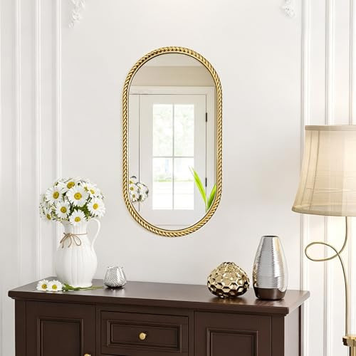 UINERAGI Gold Oval Mirror, 12"x24" Hanging Wall Mirror with Antique Gold Braided Metal Cord Frame, Modern Distressed Wall Decor for Bedroom, Living Room, Entryway | Amazon (US)