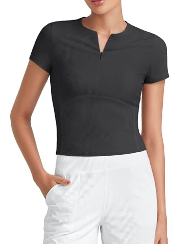 G4Free Workout Shirts Women Slim Fit Short Sleeve Half Zip Tops Gym Athletic Soft Ribbed Comfort Sports Running Activewear (Black,S) | Amazon (US)