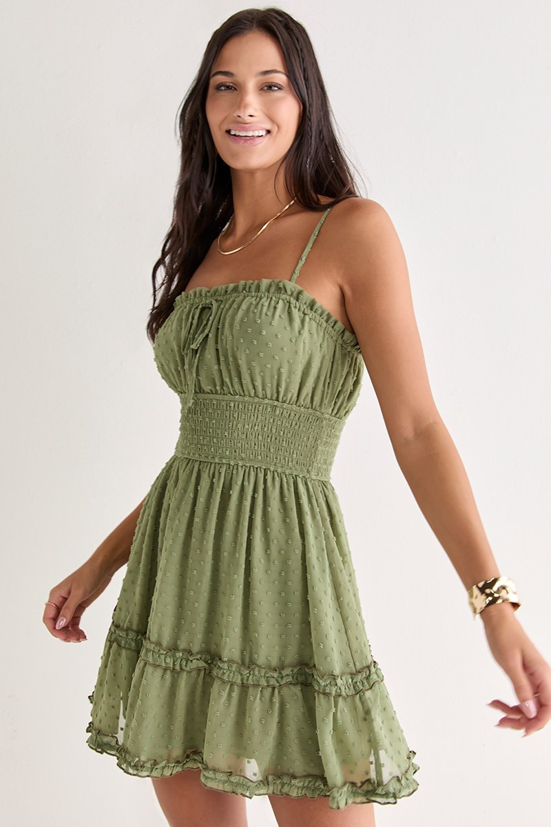 Ezra Clip Dot Mini Dress Sage Green | Francesca's