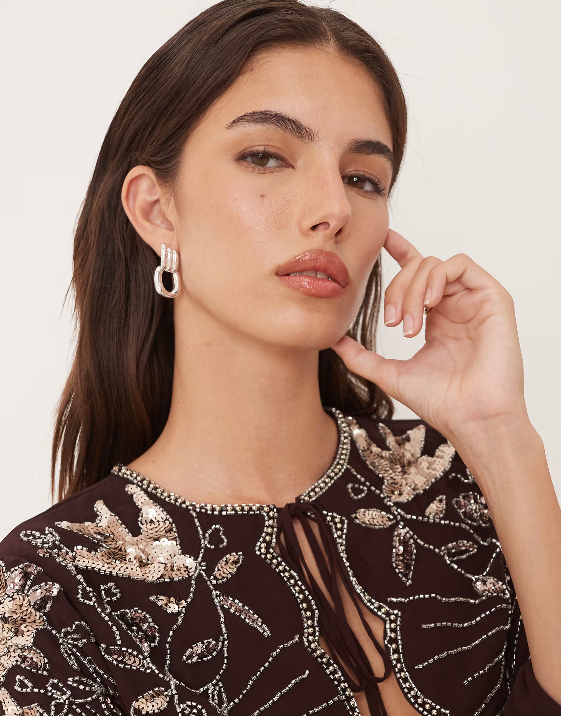 ASOS DESIGN bow and bird embellished long sleeve blouse in chocolate - part of a set | ASOS (Global)