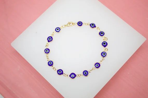 18K Gold Filled BLUE Evil Eye Chain Bracelet for Wholesale | Etsy | Etsy (US)