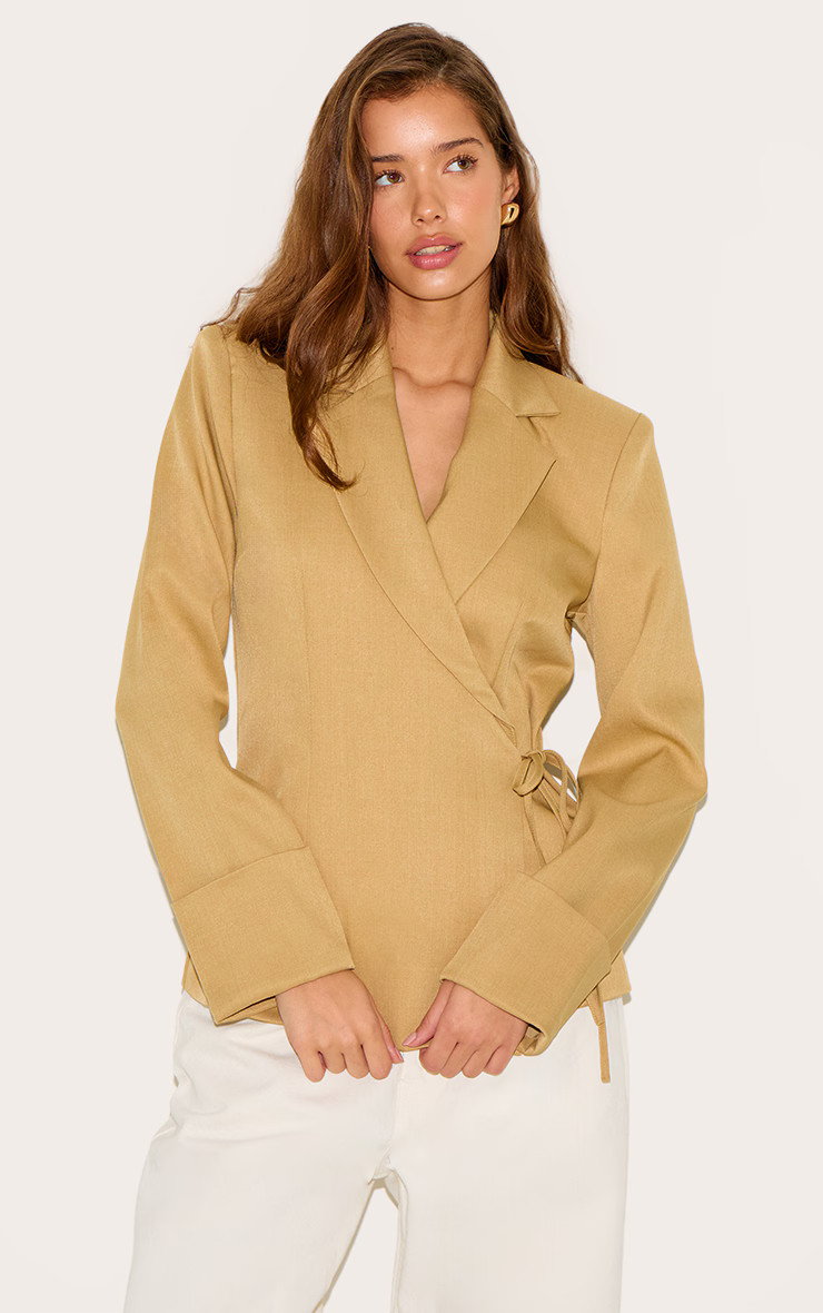 Sand Tie Side Blazer | PrettyLittleThing UK
