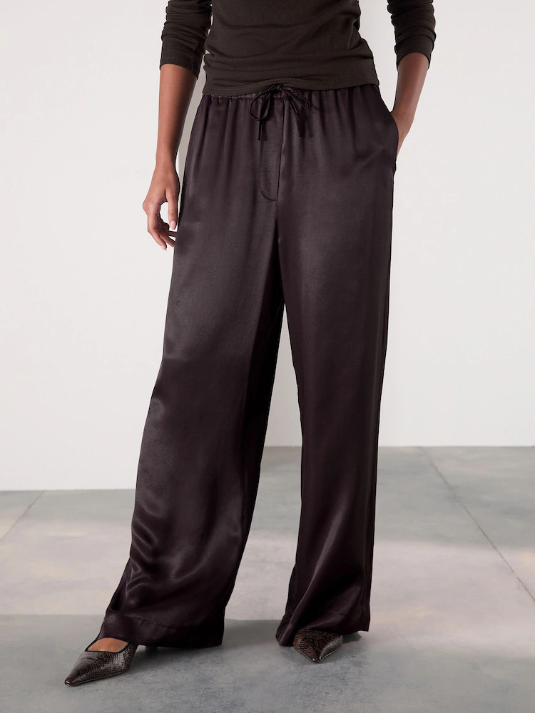 Chocolate Brown Satin Tie Waist Wide Leg Trousers | Next EU