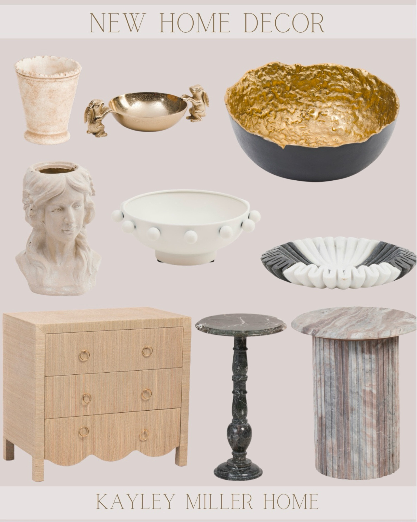 New neutral home decor 






Accent table, plant stand, bust, night stand, decorative object, bowls 