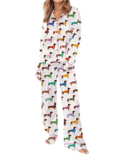 SHESHOW Dachshund Pajamas for Women Sets Long Sleeve Wied Leg Pants Long Pajamas 2 Piece Dachshund Pj Sets for Woman White M | Amazon (US)