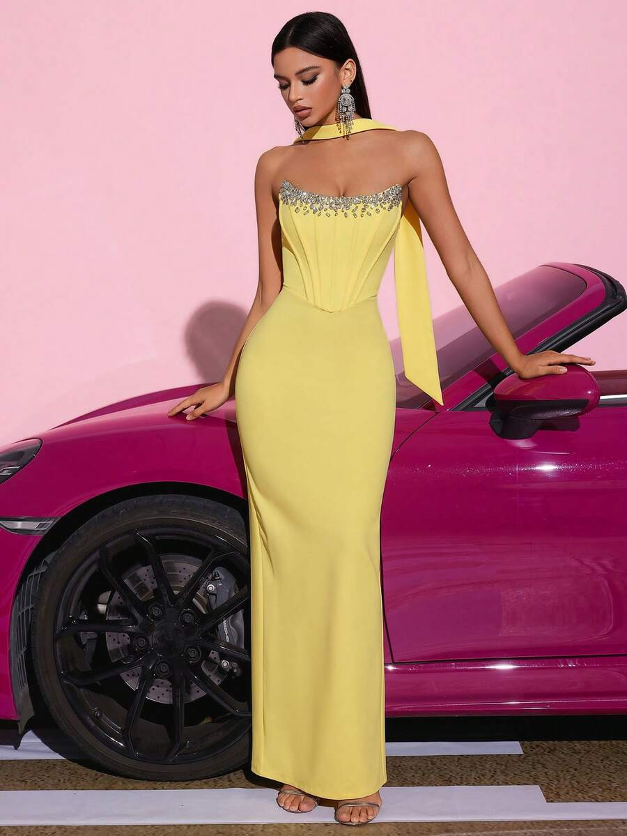 ADYCE Lady's Elegant Off-The-Shoulder Beaded High-Waisted Backless Tie-Front Party Gown Dress,Ele... | SHEIN