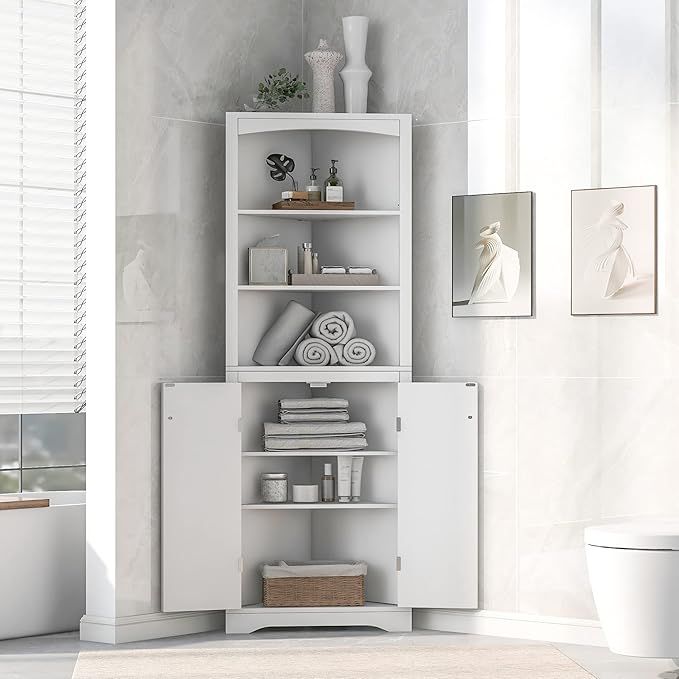 Merax Corner Storage Cabinet with Doors and Adjustable Shelves, 3-Tier Tall Freestanding Floor Di... | Amazon (US)