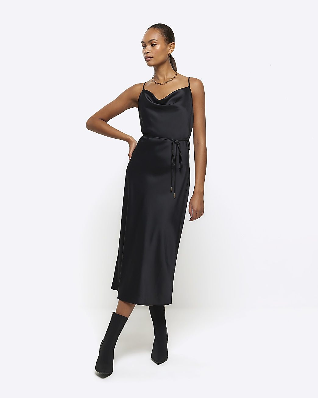 Black satin cowl neck slip midi dress | River Island (UK & IE)