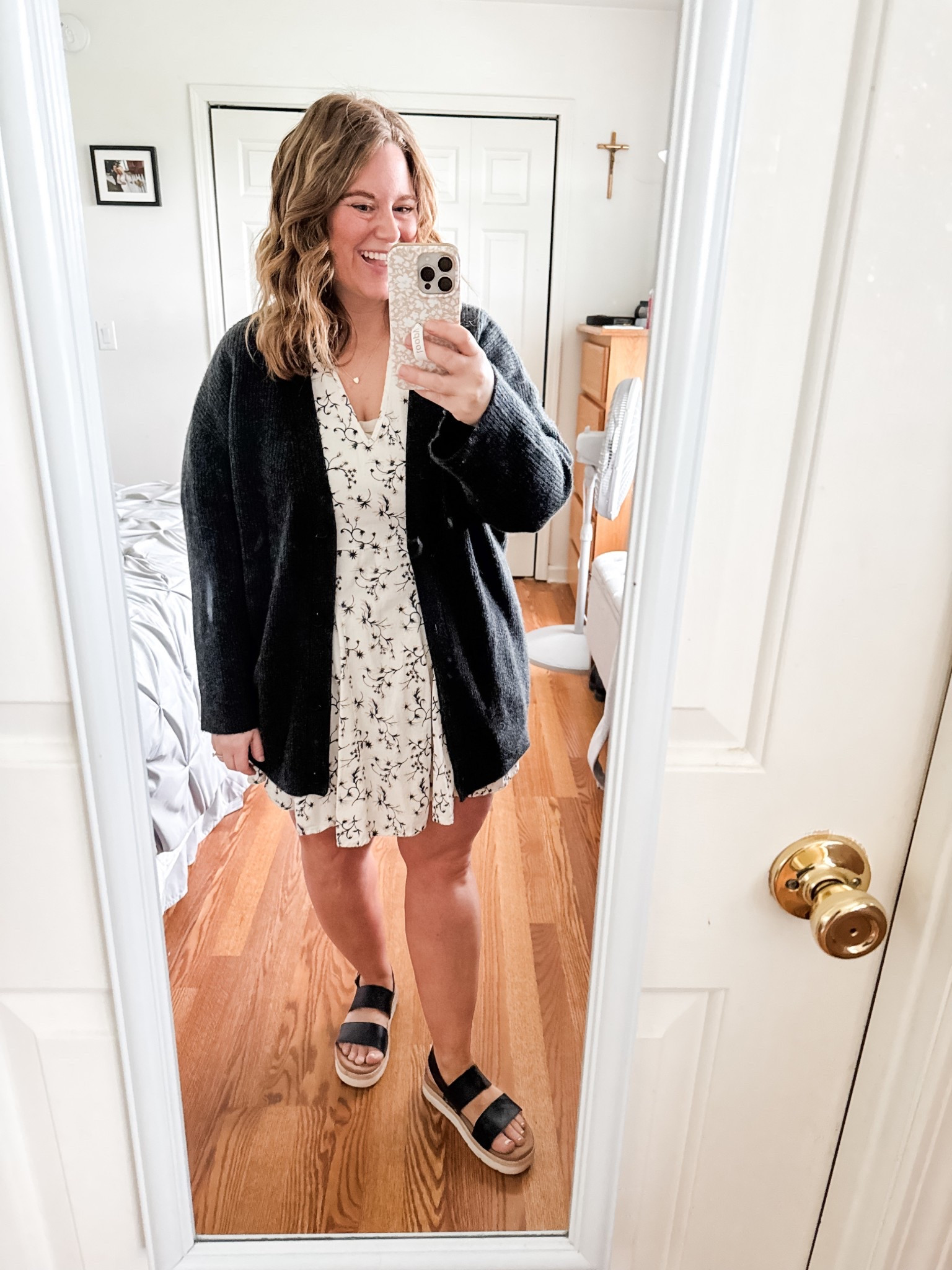 My dress is $18 today! Would be a super cute Mother’s Day dress.  Wearing a large.  Cardigan is cashmere and from quince - also linking the cotton version.  Sandals are older but linking a couple similar pairs 

#LTKWorkwear #LTKMidsize #LTKSaleAlert