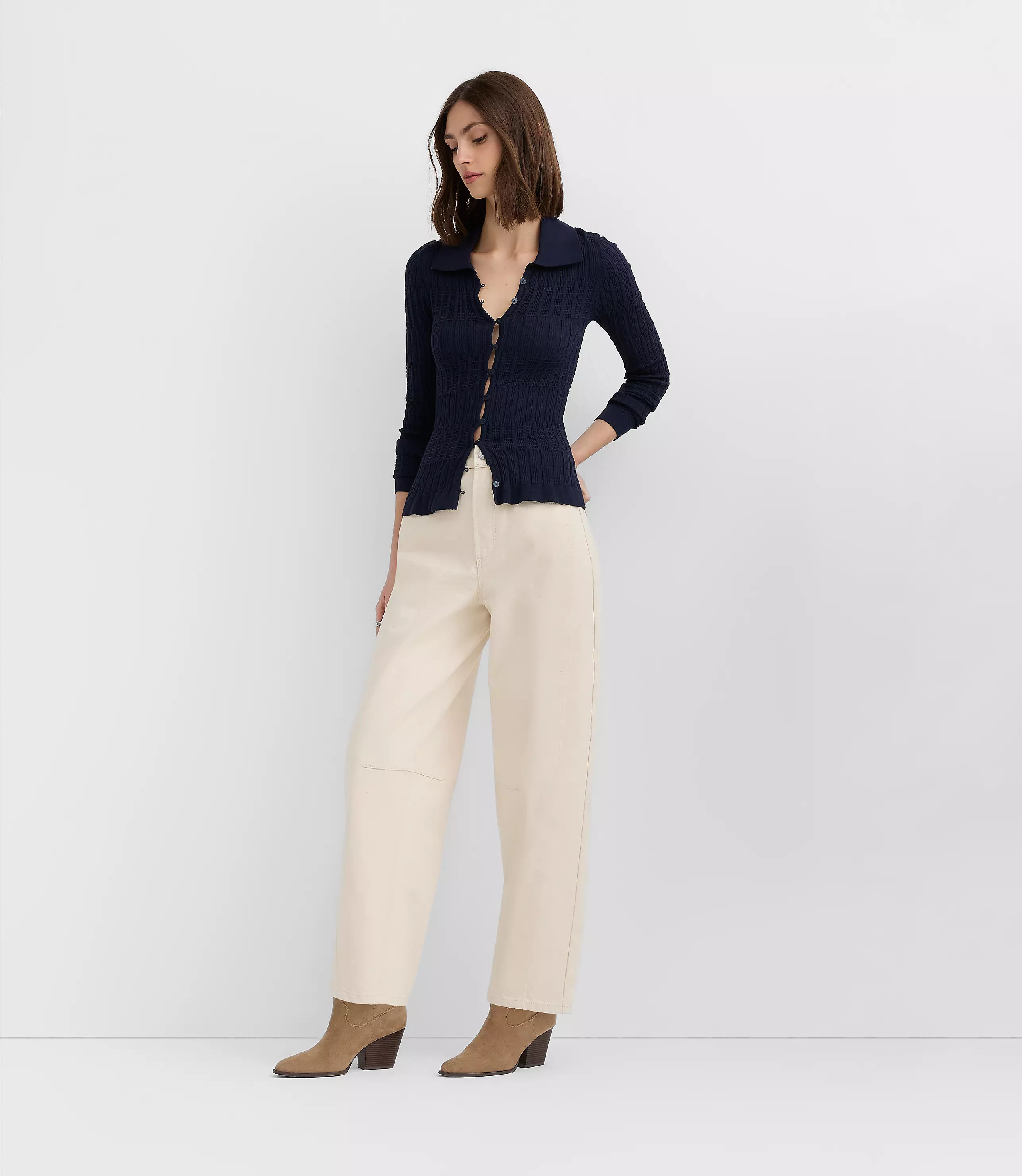 Rivete Seamed High Rise Barrel Jeans in Ivory | LOFT