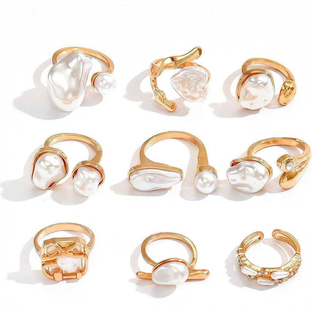 Adjustable Gold Pearl Rings for Women - Chunky Ring Set with Baroque Pearls & Rhinestones, Elegan... | Amazon (US)