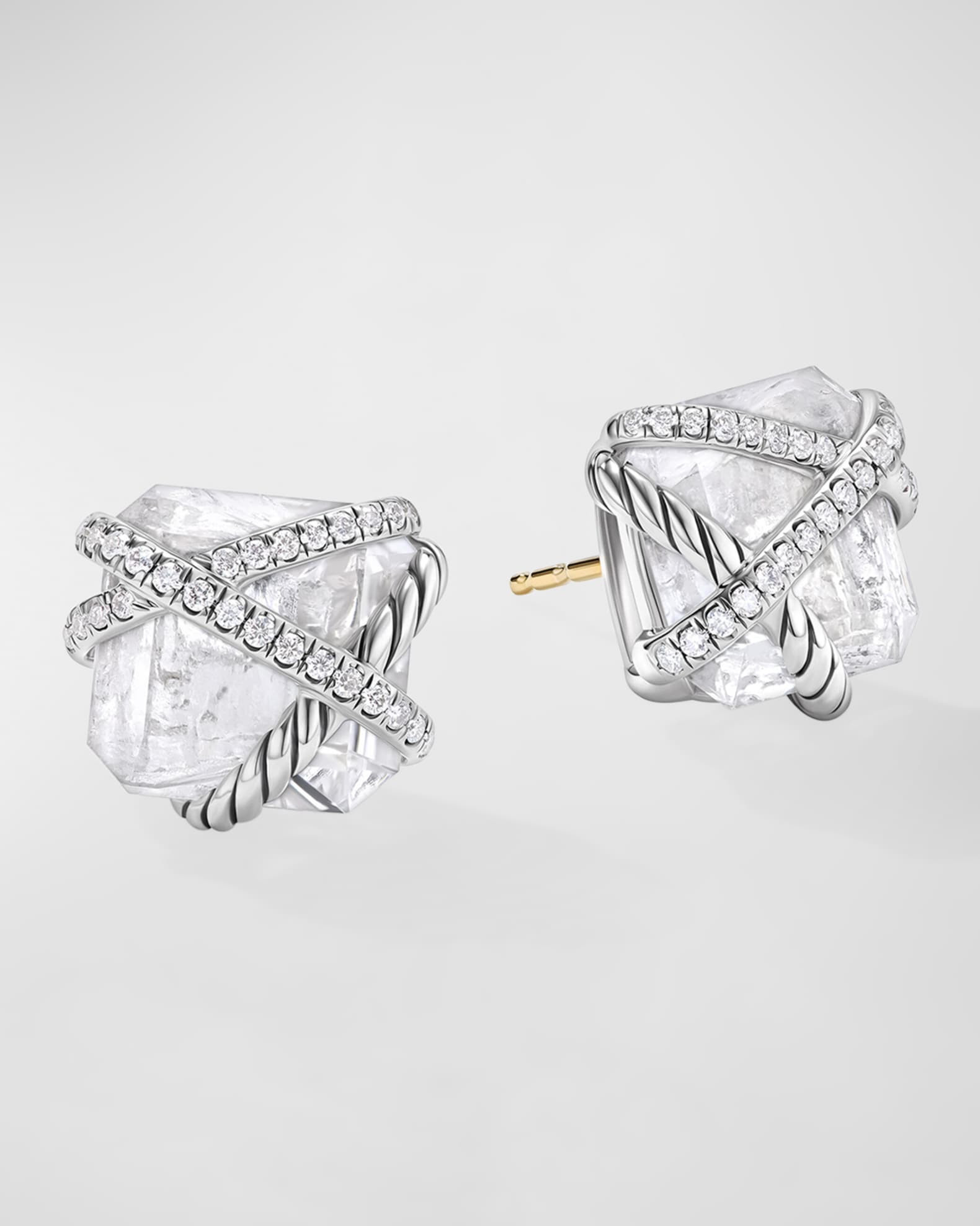 David Yurman Cable Wrap Stud Earrings with Crystal and Diamonds in Silver, 12mm | Neiman Marcus