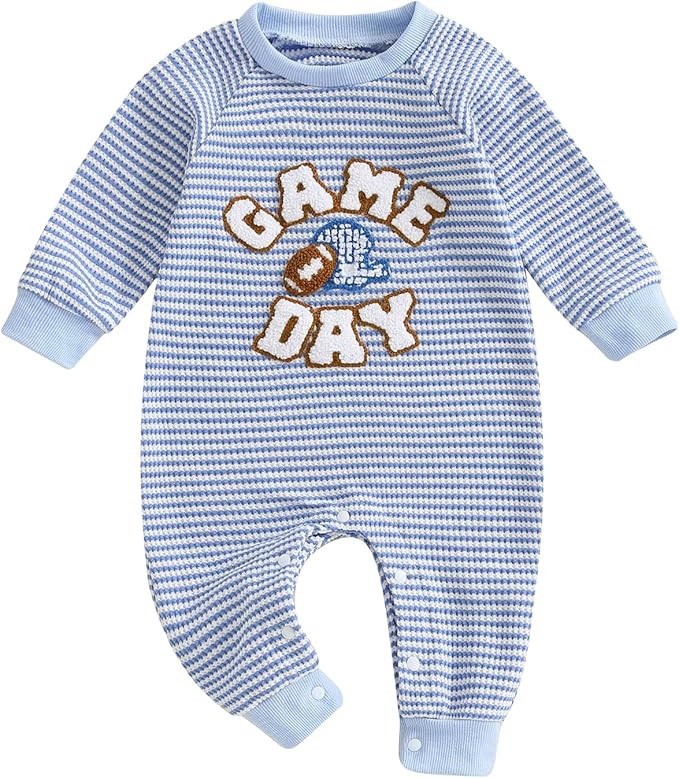 Infant Baby Boy Long Sleeve Romper Jumpsuit Pants Football Game Day Stripe Waffle Knit Outfit Fal... | Amazon (US)