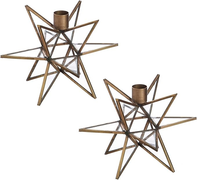 Evergreen Brass Moravian Star Taper Candle Holders | Set of 2 | 7 Inches Tall | Metal | Holiday A... | Amazon (US)