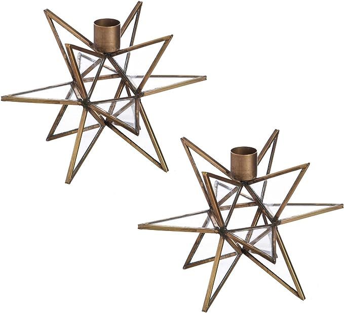 Evergreen Brass Moravian Star Taper Candle Holders | Set of 2 | 7 Inches Tall | Metal | Holiday A... | Amazon (US)