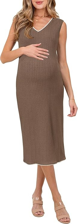 OUGES Womens 2025 Summer V Neck Maternity Dress Sleeveless Casual Bodycon Cable Knit Midi Dress P... | Amazon (US)