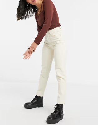 Stradivarius organic cotton slim mom jean with stretch in ecru | ASOS (Global)