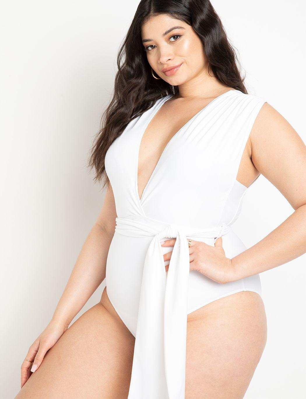 Low Neck One Piece Swimsuit With Self Belt | Women's Plus Size Swimwear | ELOQUII | Eloquii