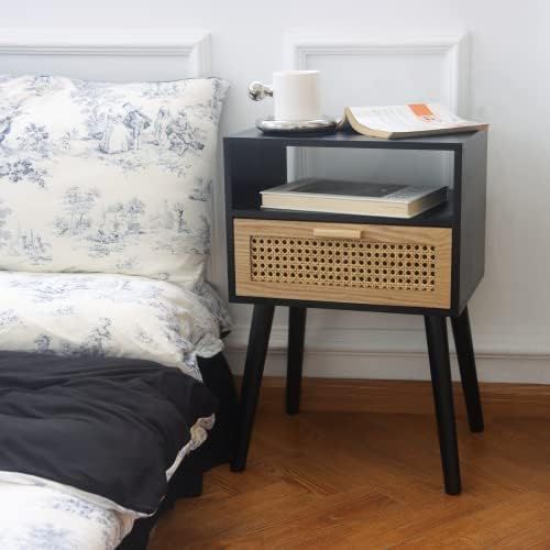 MaxSmeo End Table with Storage Mid Century Nightstand with Rattan Drawer and Shelf, Wood Small Side  | Amazon (US)