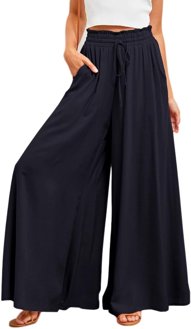 Pasgreson Women's Casual Wide Leg Pants Flowy Ruffle Elastic Drawstring Waist Beach Palazzo Pants... | Amazon (US)