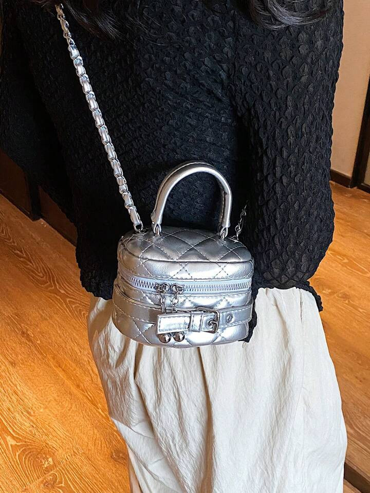2024 New Embroidered Mini Silver Handbag For Hand, Shoulder, And Cross-Body Carry, Buckle And Zip... | SHEIN