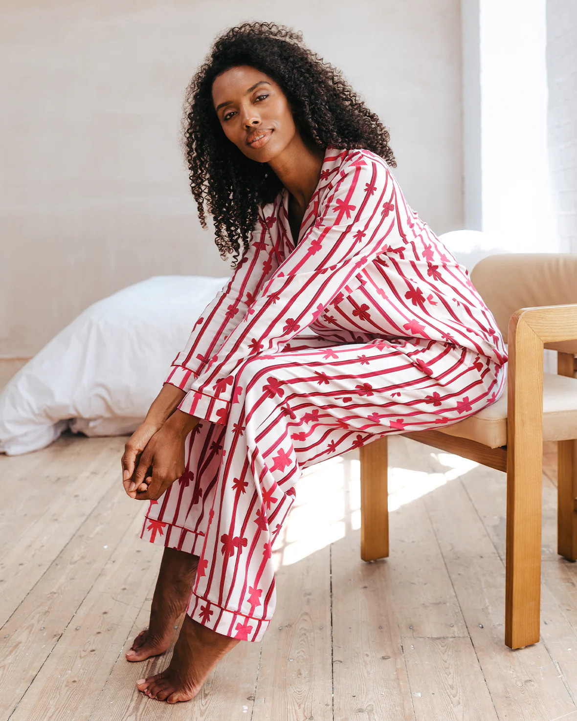 Organic Cotton Christmas Ribbon Bow Print Long Pyjama Set | Chelsea Peers NYC
