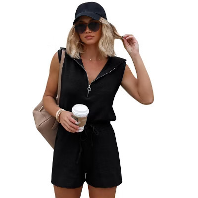 Imily Bela Women's Casual Sleeveless Short Rompers Summer Half Zip Lapel Collar Drawstring Knit One Piece Jumpsuit with Pockets Black M | Target
