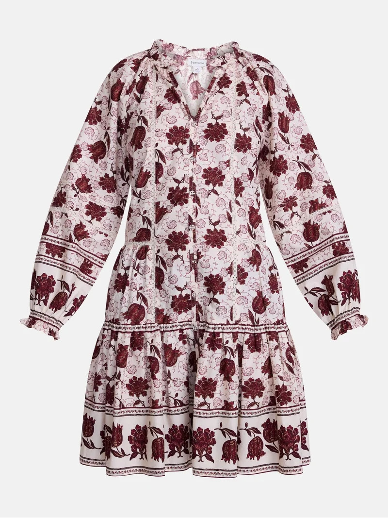 Scenario Women's and Women's Plus Tiered Hem Dress with Long Sleeves, Sizes XS-4X | Walmart (US)