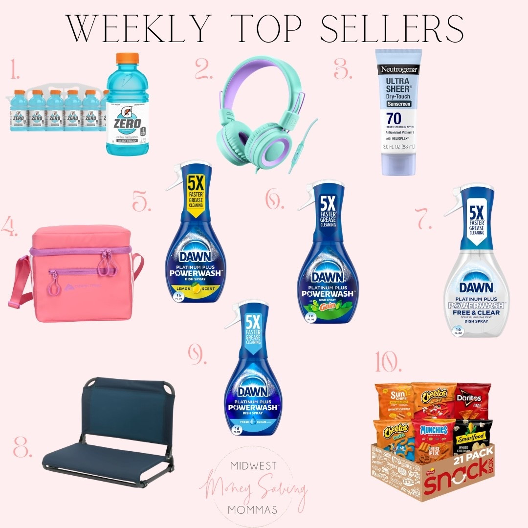 Weekly top sellers

Best sellers  dawn dish soap  dish spray  snacks  cooler bag  stadium seat  sunscreen  headphones

#LTKmomlife #LTKSeasonal #LTKHome
