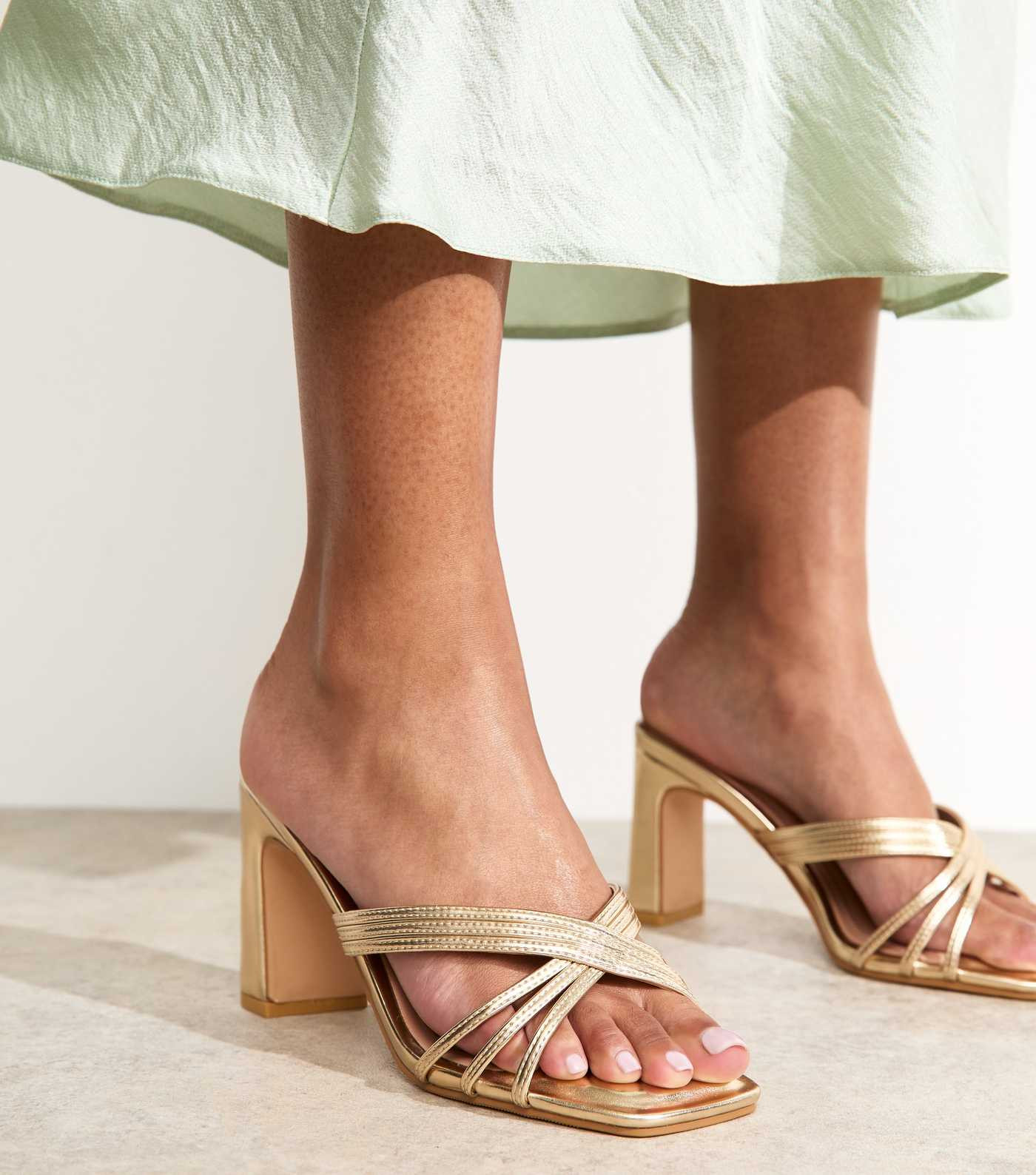 Wide Fit Gold Multi Strap Mule Sandals | New Look | New Look (UK)