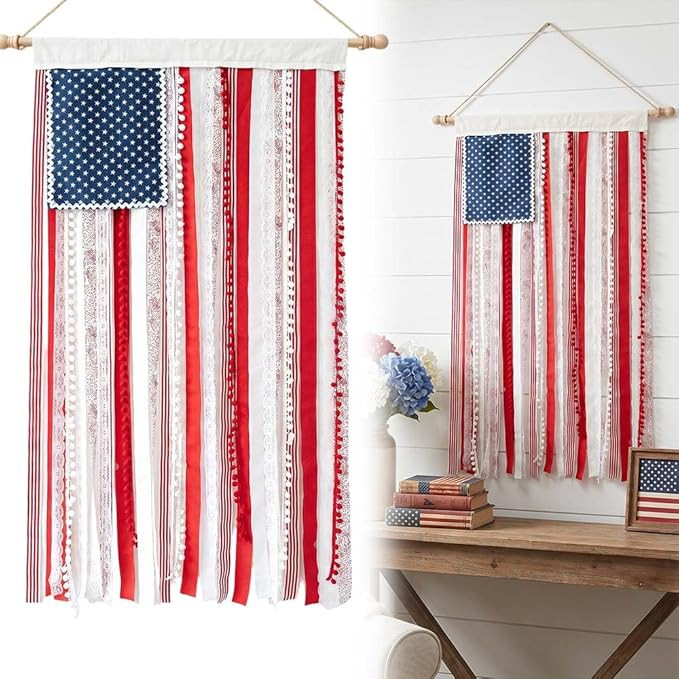 4th of July Decorations, 4 x 2.3 Ft Vintage Rag Ribbon Flag Banner, Hanging Red White Blue Patrio... | Amazon (US)