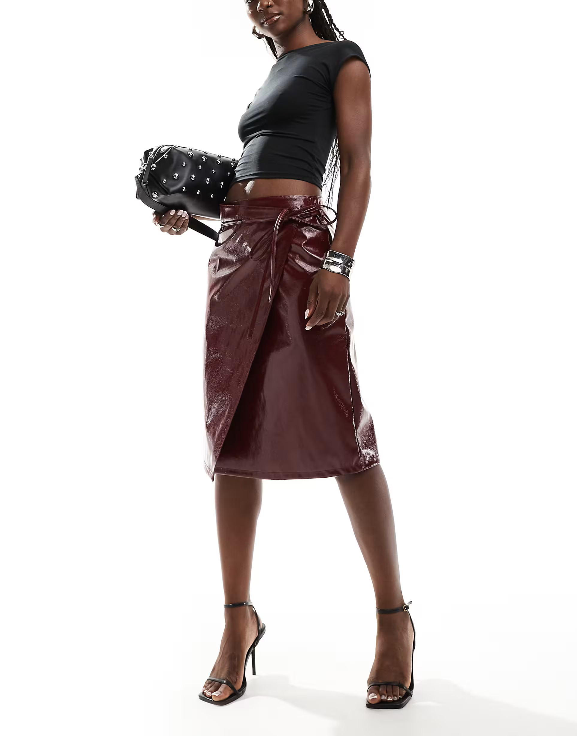 ASOS DESIGN vinyl leather look wrap midi skirt in burgundy | ASOS (Global)