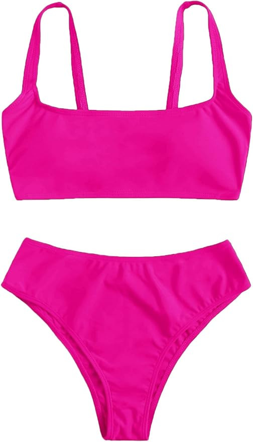 SweatyRocks Women's Swimwear Set Solid Scoop Neck High Waisted Bikini Swimsuits | Amazon (US)