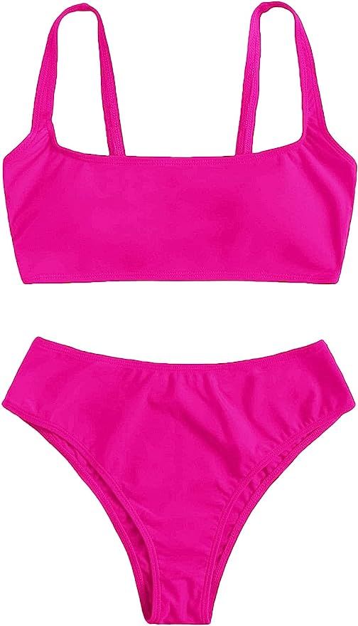 SweatyRocks Women's Swimwear Set Solid Scoop Neck High Waisted Bikini Swimsuits | Amazon (US)