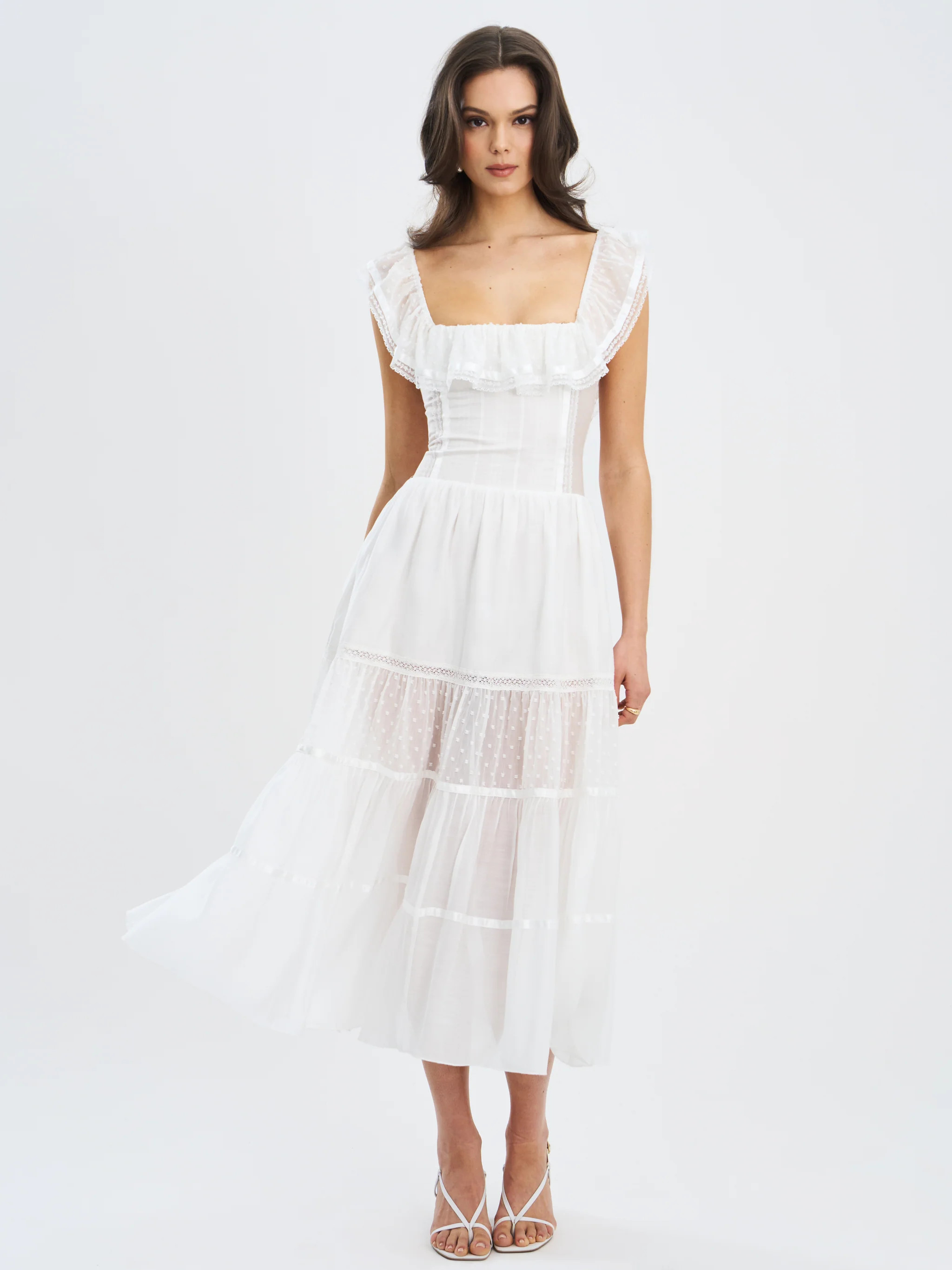 Eden Square Neck Ruffle Trim High Waist Midi Dress | Miss Circle