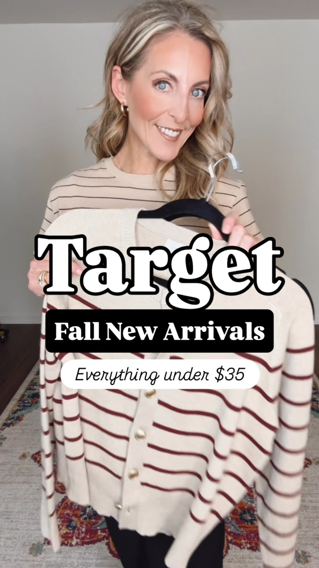 🍂 The sweetest cranberry crush for fall 🍂 Every piece of this Target NEW arrival look is under $35 and it’s giving me all the cozy, comfy, classic look. You can wear the tee and sweater around your shoulders now to make monochromic magic, and when the temp drops wear the cardigan for the perfect layered look. Target got this one right!! Comment Target and I’ll send you all the cranberry details and more! 

Target new arrival women’s lady jacket cardigan in a taupe and burgundy stripe. It is so cute with this women’s ribbed mini sweater skirt! Both pieces in stock, and ready for your cozy style era. The sweater is $35 and the skirt is a size xs. ( I ordered the size medium on accident- switching it). 
