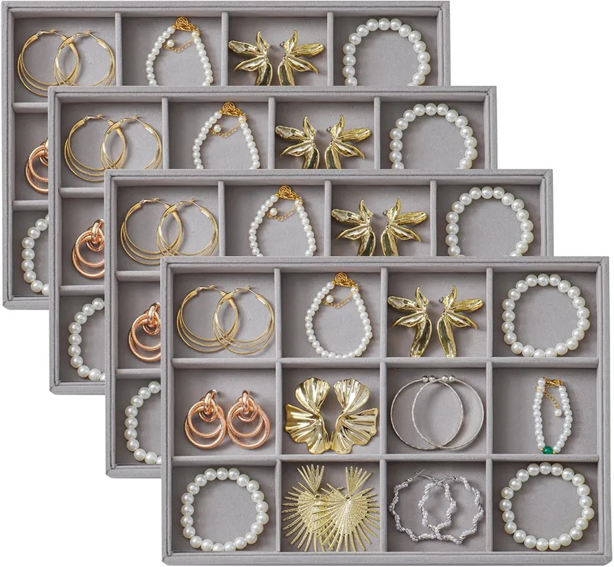 Large Velvet Jewelry Drawer Organizer Trays Set of 4, 12 Grids | Amazon (US)