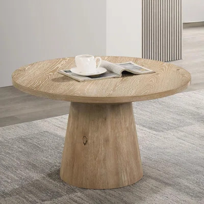 Contemporary Style Round Coffee Table With Cone Shape Pedestal Base Rubberwood Structure Oak Finish | Wayfair North America