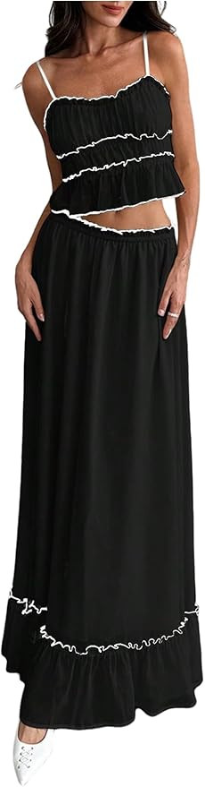 SOLY HUX Women's Skirt Sets 2 Piece Outfits Contrast Trim Ruffle Hem Cami Tops and Maxi Skirt Vac... | Amazon (US)
