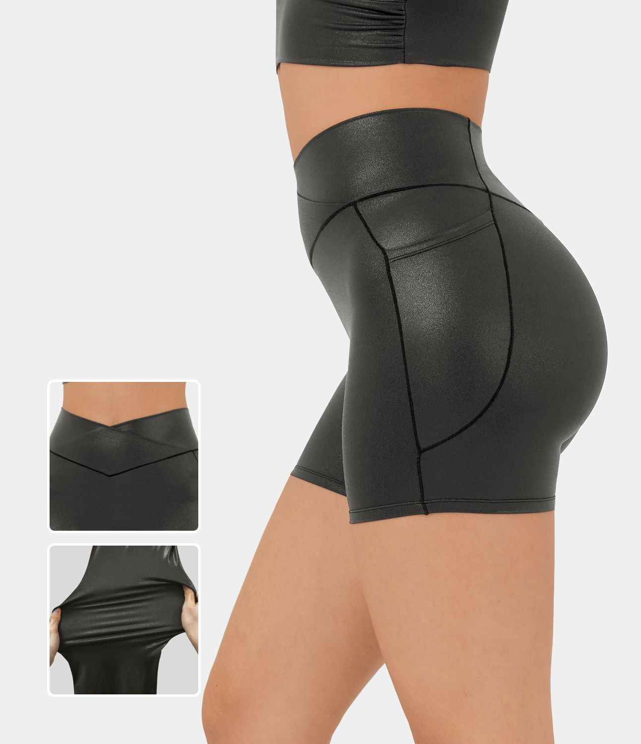 Women’s Softlyzero™ Faux Leather High Waisted Crossover Side Pocket Foil Print Stretchy Casua... | HALARA