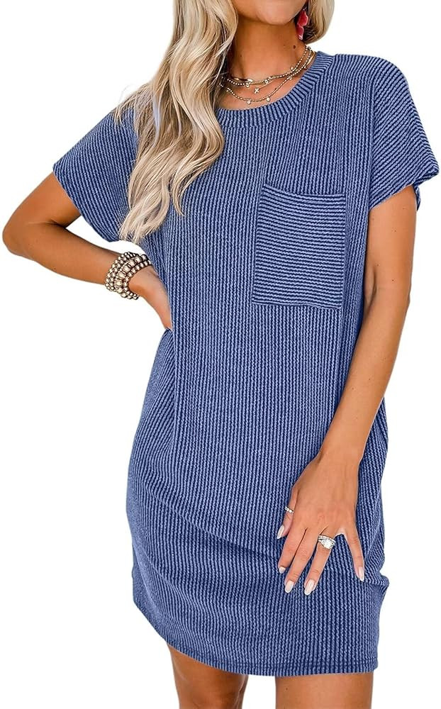 Acelitt Womens Casual Summer Crewneck Short Sleeve Ribbed Mini Tshirt Dress, XS-3XL | Amazon (US)