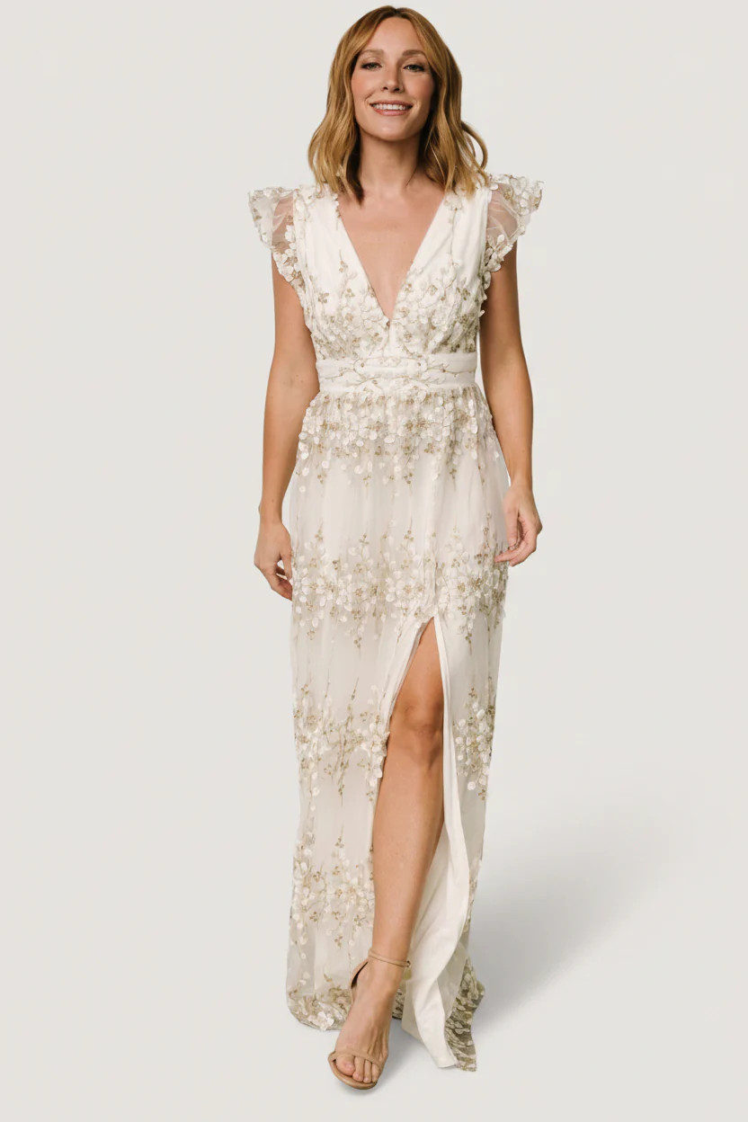 Eva Embroidered Maxi Dress - White & Gold | Baltic Born | Baltic Born