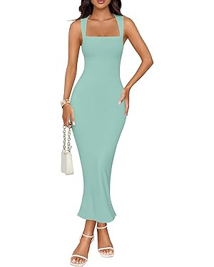 ZESICA Women's Summer Bodycon Midi Dress Sleeveless Square Neck Slim Fit Back Slit Long Cocktail ... | Amazon (US)