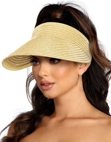 Sun Visor Hats for Women,Beach Sun Hats UPF50+ UV Protection Straw Sun Beach Visor Summer Hats Packable Beige | Amazon (US)
