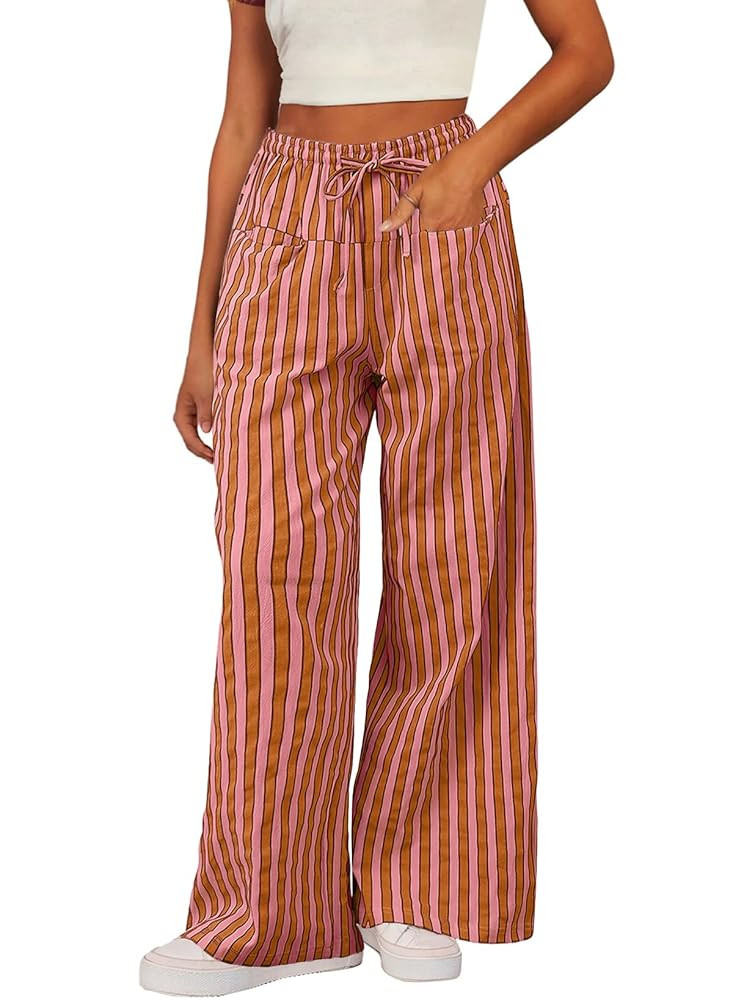 Acelitt Women Casual Drawstring Elastic Waist Loose Wide Leg Striped Pants with Pockets, S-XXL | Amazon (US)